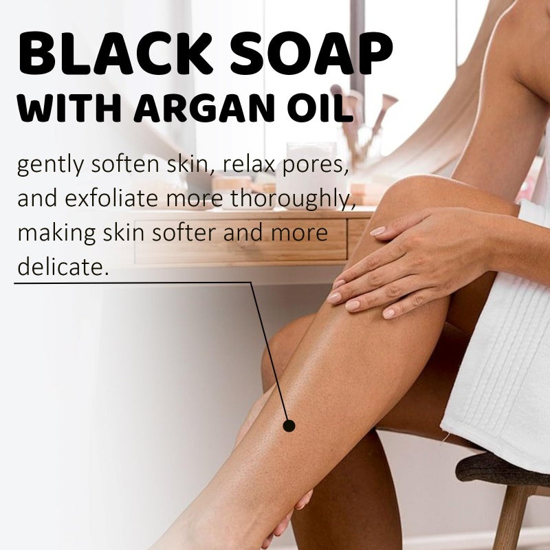 Mr.A 2Pack Moroccan Black Soap with Argan Oil, Morocco Black Beldi Soap Hammam Ritual Body Scrub, Dead Skin Removal, SPA at Home, Purifying Moroccan Body Wash with Exfoliating Glove - Image 3